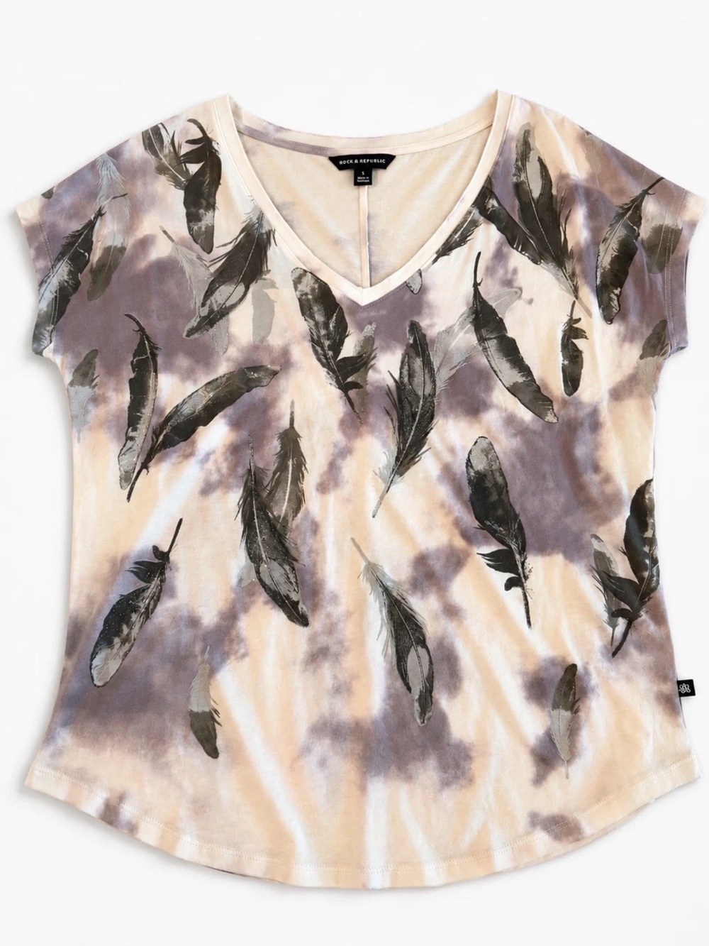 Rock & Republic Feather Print V Neck Tee Purple Tie Dye Glitter Top - Size S